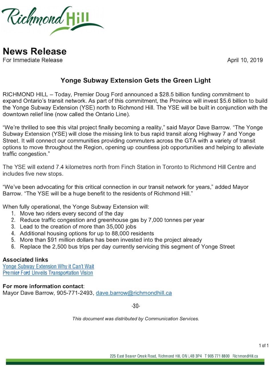 Yonge Subway Extension News Release