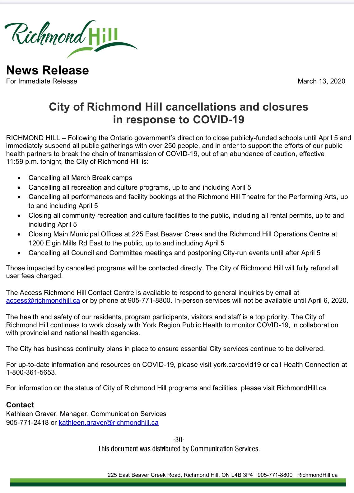 City of Richmond Hill Cancellations